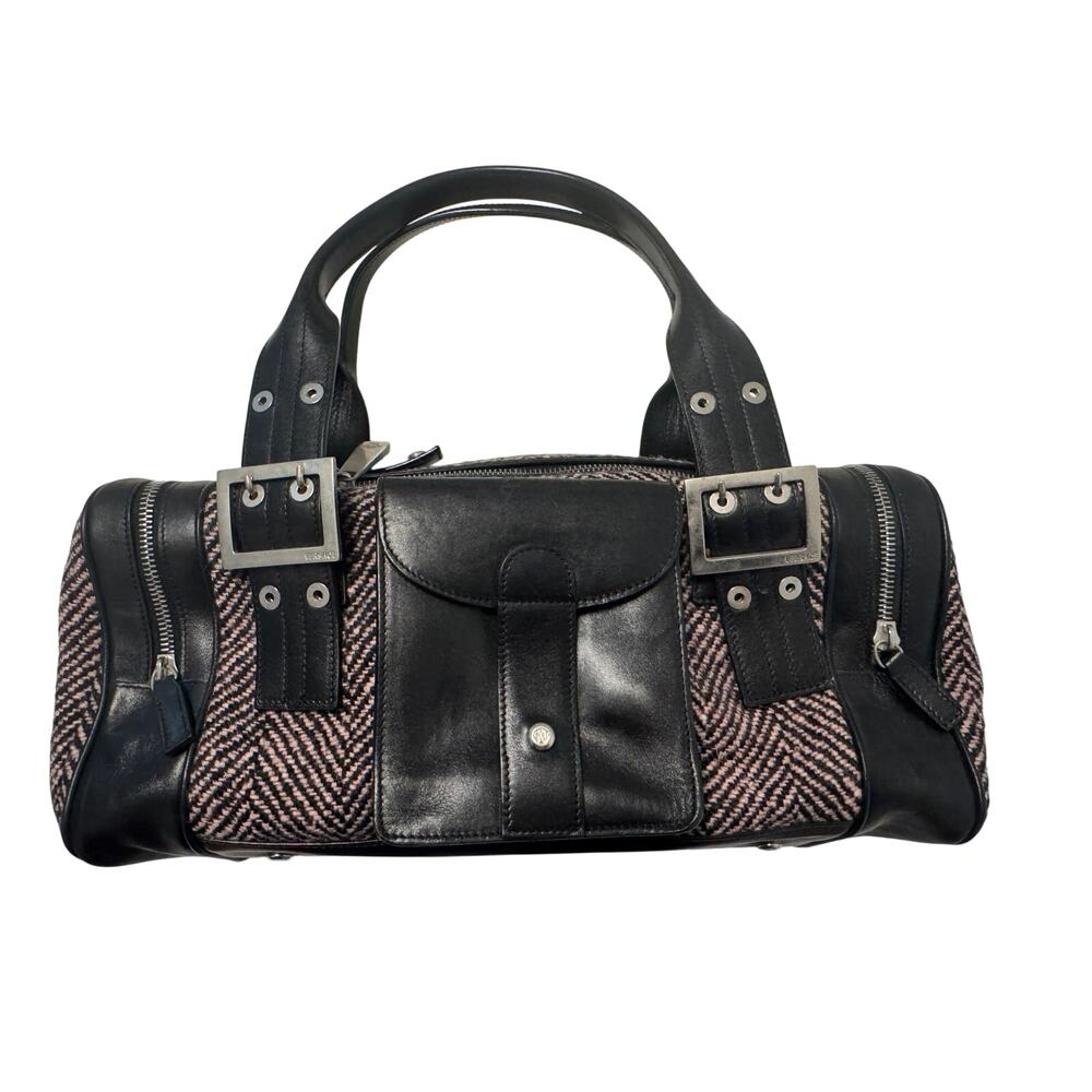 Versace Vintage Black Leather & Pink Herringbone Tweed Barrel Handbag